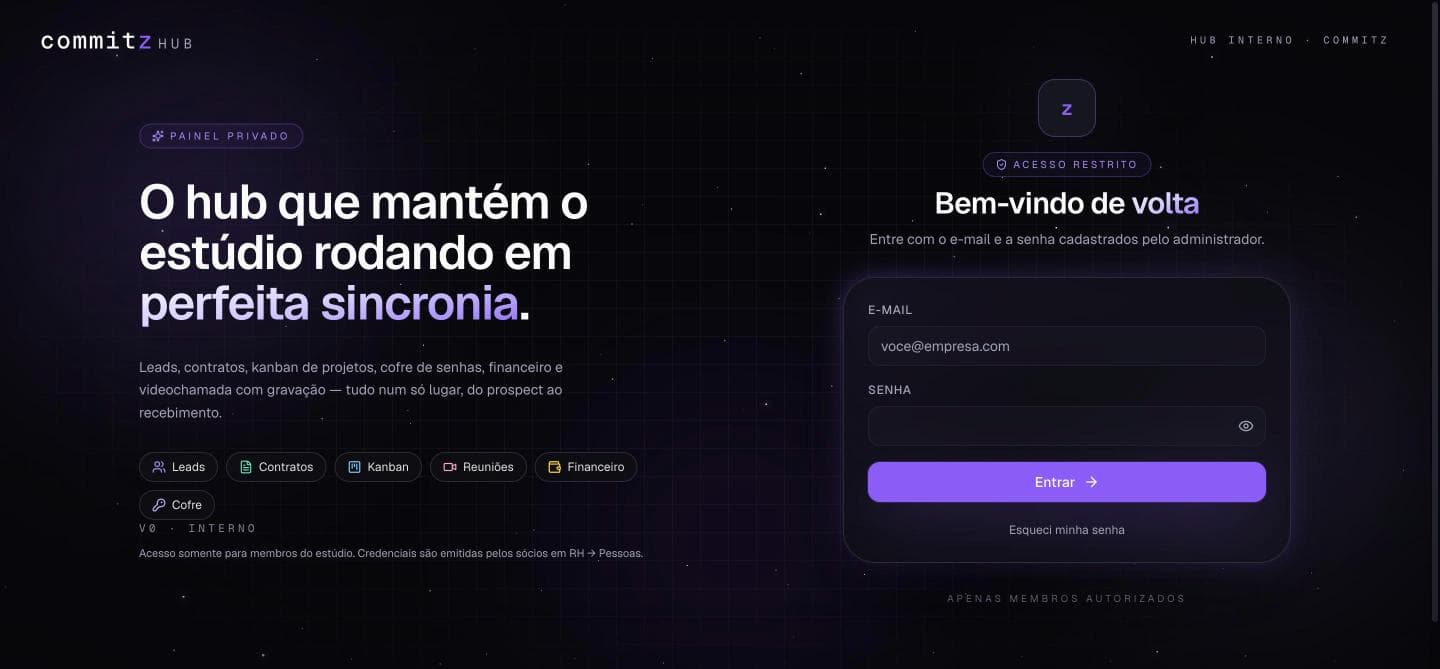 Tela de acesso do Commitz Hub, com a chamada 'O hub que mantém o estúdio rodando em perfeita sincronia' e a lista de módulos