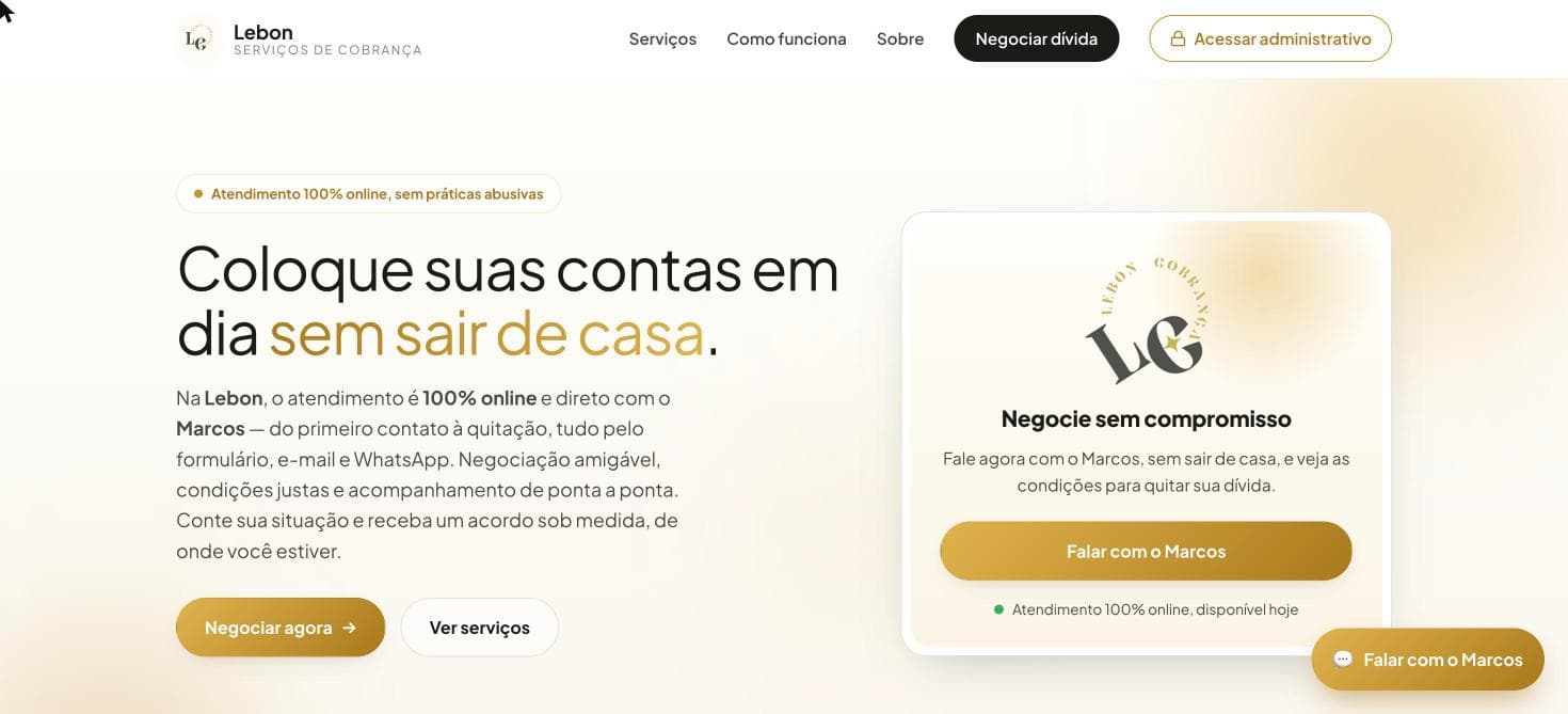 Home da Lebon Cobrança: 'Coloque suas contas em dia sem sair de casa', com atendimento 100% online