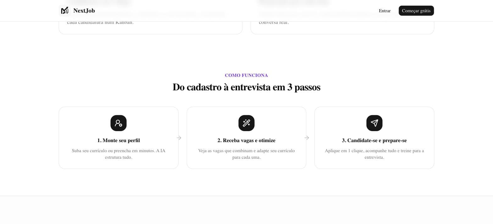 Os três passos do NextJob: montar o perfil, receber vagas e otimizar, candidatar-se e preparar-se