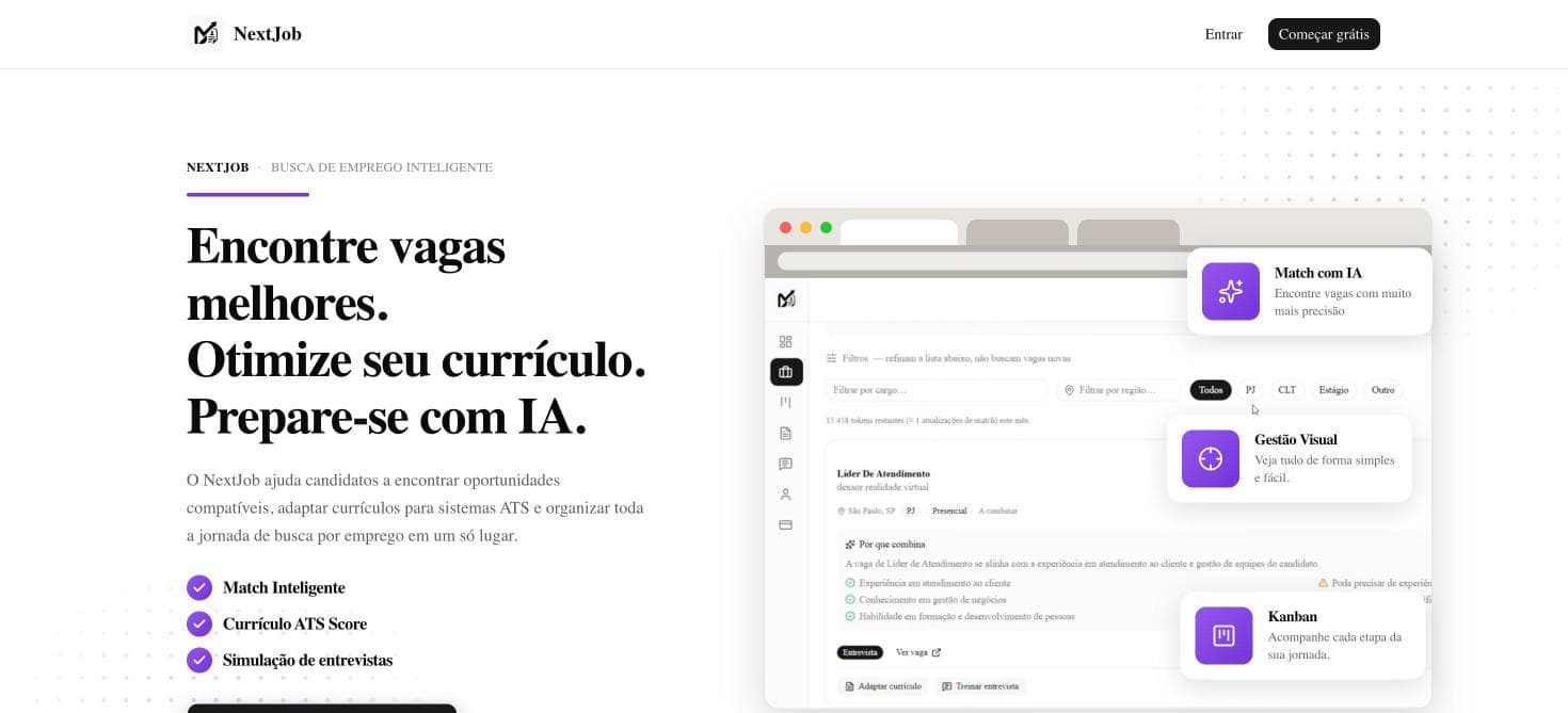 Home do NextJob: 'Encontre vagas melhores. Otimize seu currículo. Prepare-se com IA', com a interface de match ao lado
