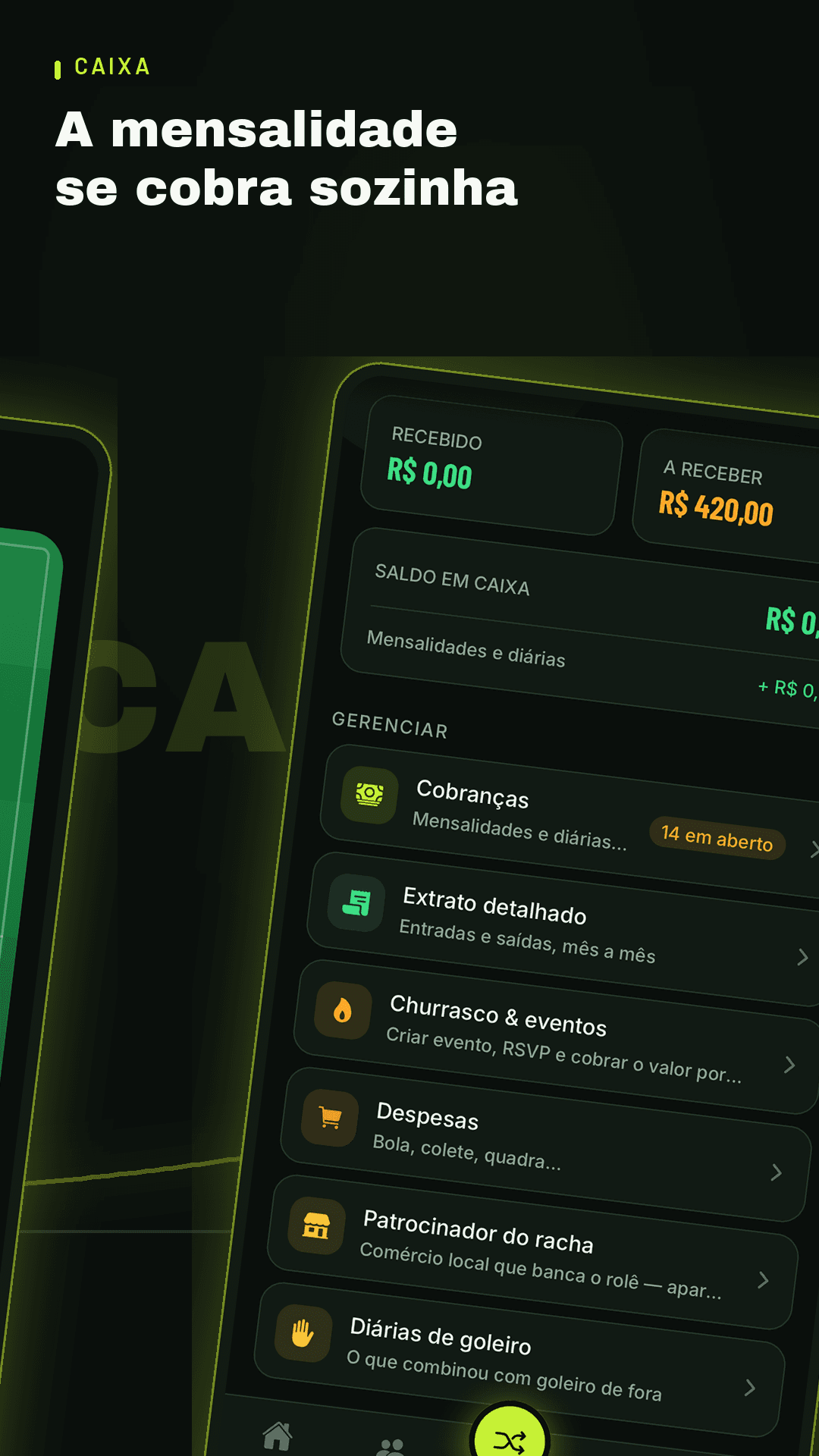 Caixa do racha com saldo, valores a receber, cobranças e extrato detalhado