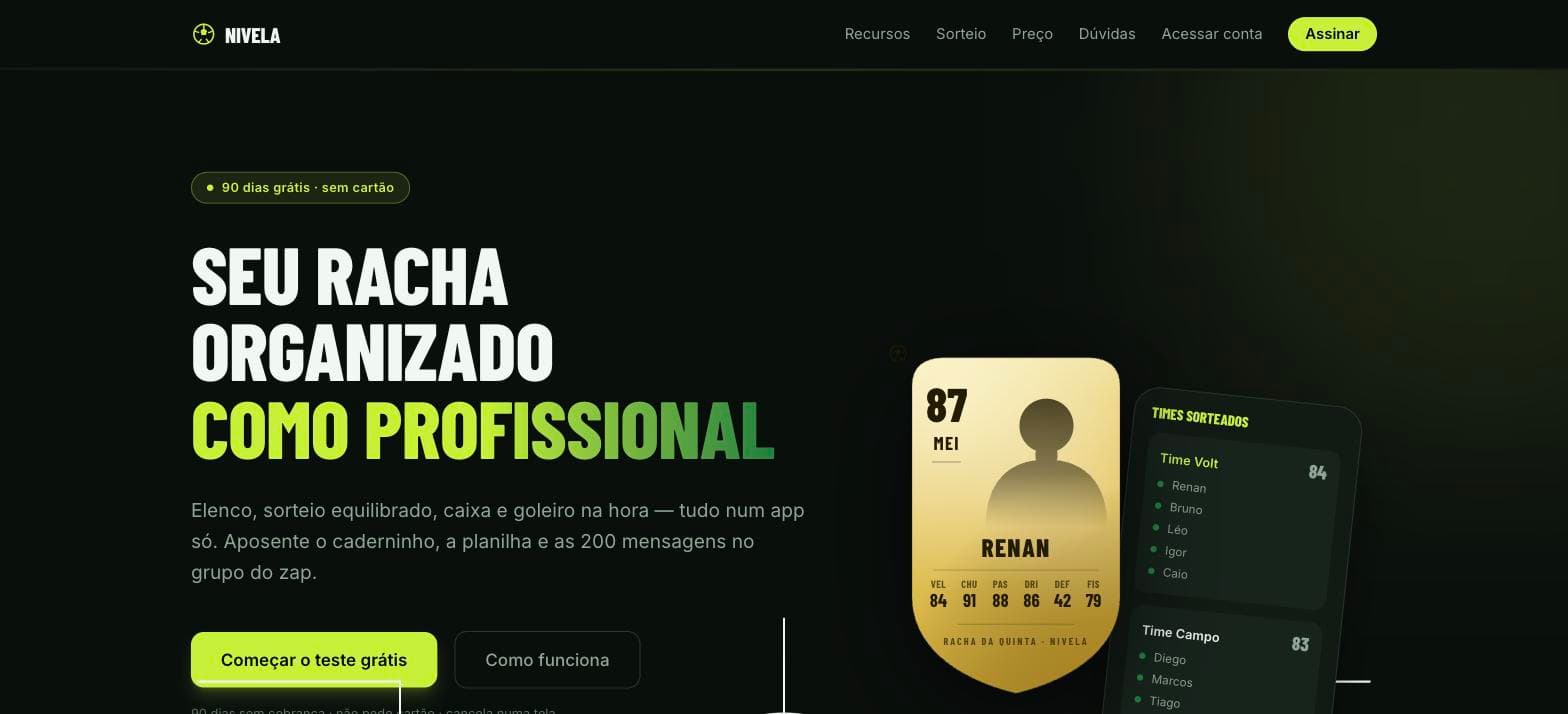 Site do Nivela: 'Seu racha organizado como profissional', com o card de atributos do jogador e os times sorteados