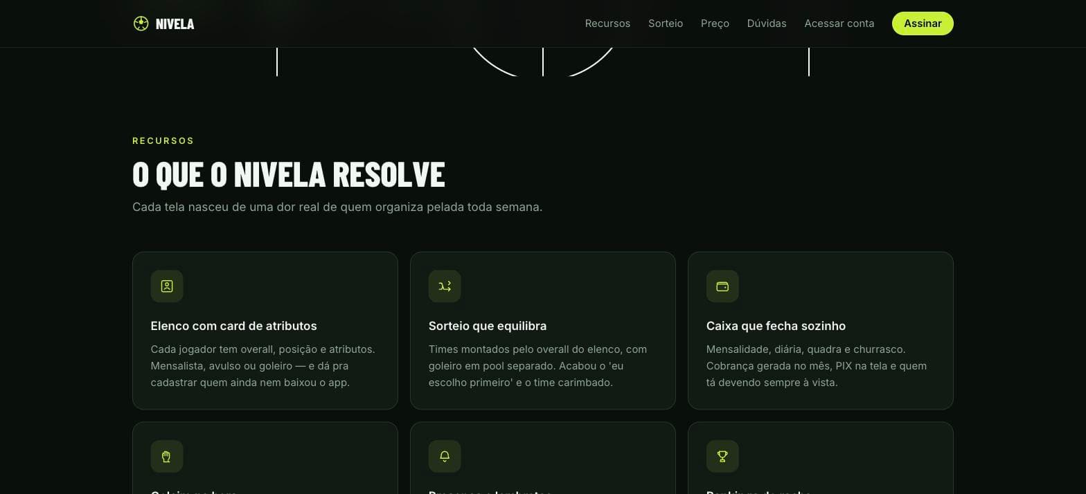 Seção de recursos do Nivela: elenco com card de atributos, sorteio que equilibra e caixa que fecha sozinho