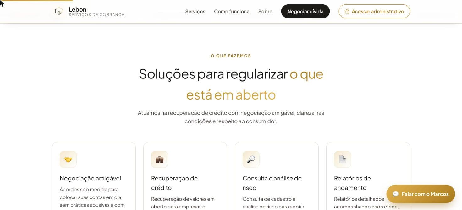 Serviços da Lebon: negociação amigável, recuperação de crédito, consulta e análise de risco e relatórios de andamento