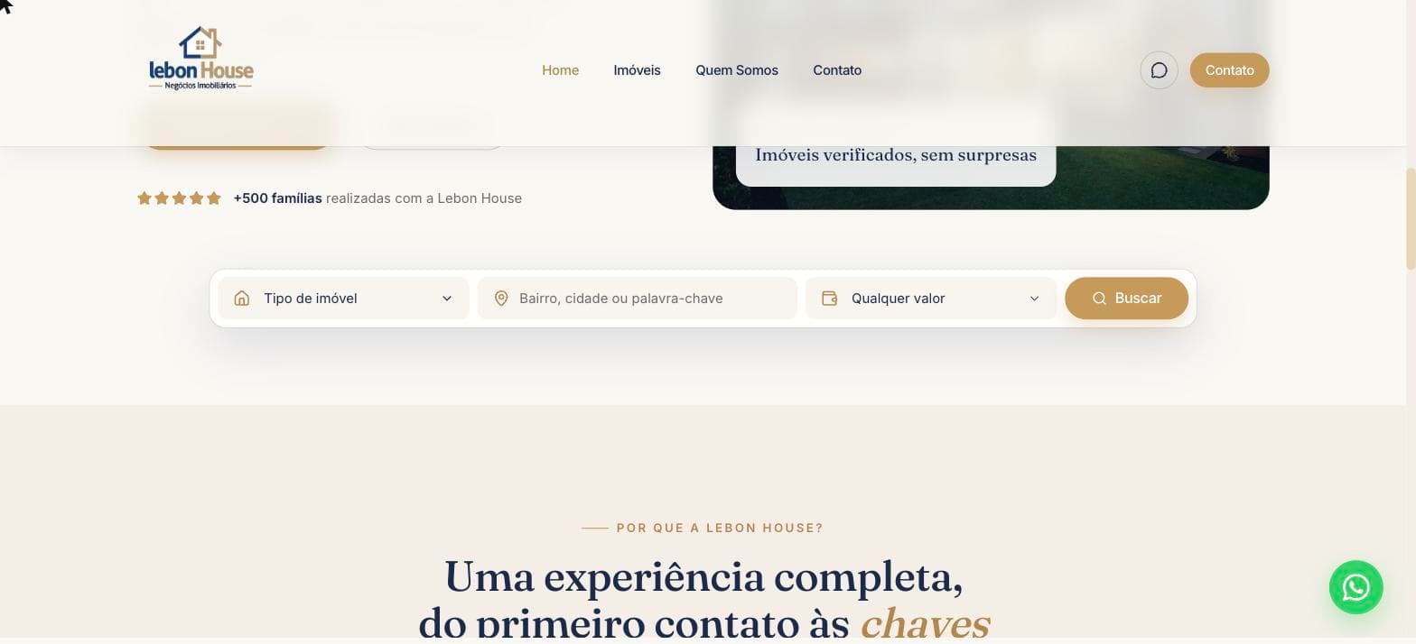 Barra de busca da home com tipo de imóvel, localização e faixa de valor, acima da prova social de mais de 500 famílias